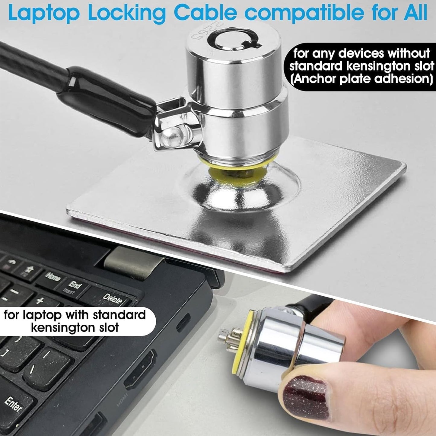 I3C Laptop Lock Cable 6ft Cut-Resistant Security Cable with 360° Rotating Lock for Wedge Slot Laptops 7x3mm Anti-Theft Computer Lock for Office, Library, Travel, Students & Business