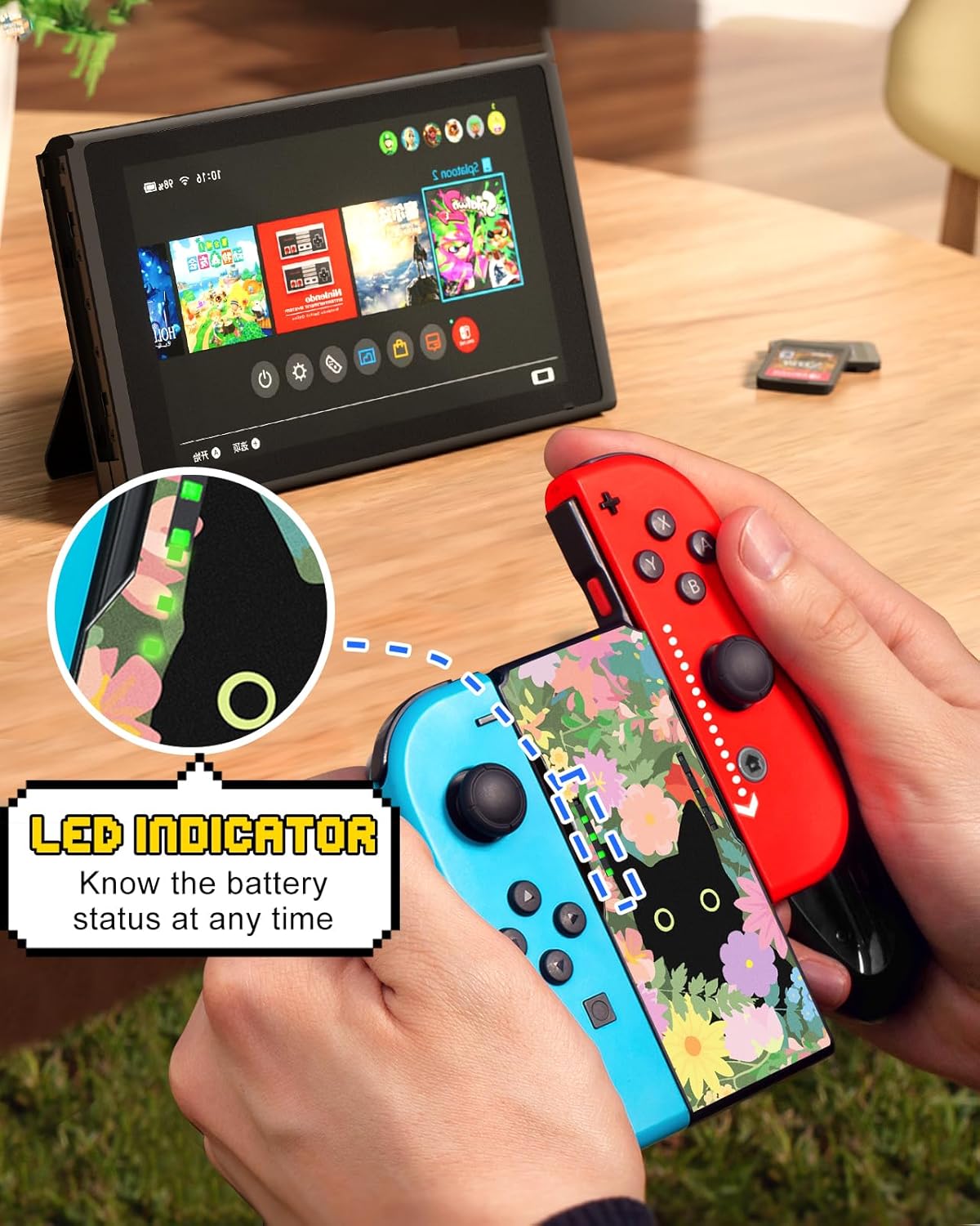 Lotadilo Joy-Con Grip for Nintendo Switch/Switch Oled - JoyCon Comfort Hand Grips Controller for Women Girls Teen Boys Cute Cartoon Design, Cat Flower