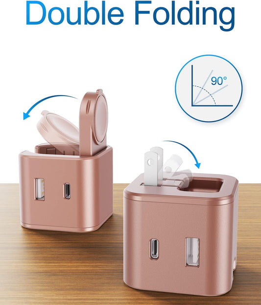 36W for Apple Charging Block with Built-in Watch Charger, Foldable PD Fast Charger Block for iPhone, Dual Ports Wall Charger Compatible with Apple Watch iPhone AirPods(Rose Gold)