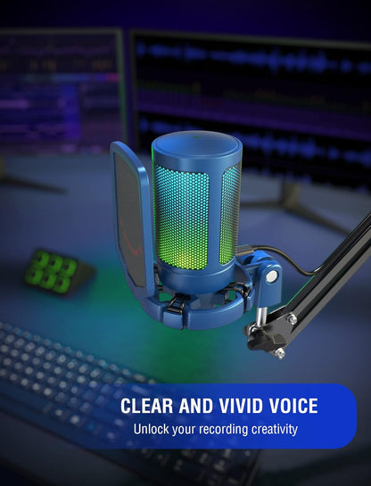 FIFINE Gaming Streaming USB PC Microphone for Mac OS/Windows, AmpliGame Condenser Cardioid Mic with RGB for Video Vocal Recording Twitch Discord, Gamer Computer Mic-Blue