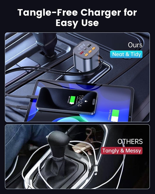 [2025 Upgraded] 81W Retractable PD Car Charger with Bluetooth 5.3, FM Transmitter, Hands-Free Calling, MP3 Player, USB & LED Display – USB-C Bluetooth Adapter for All Phones