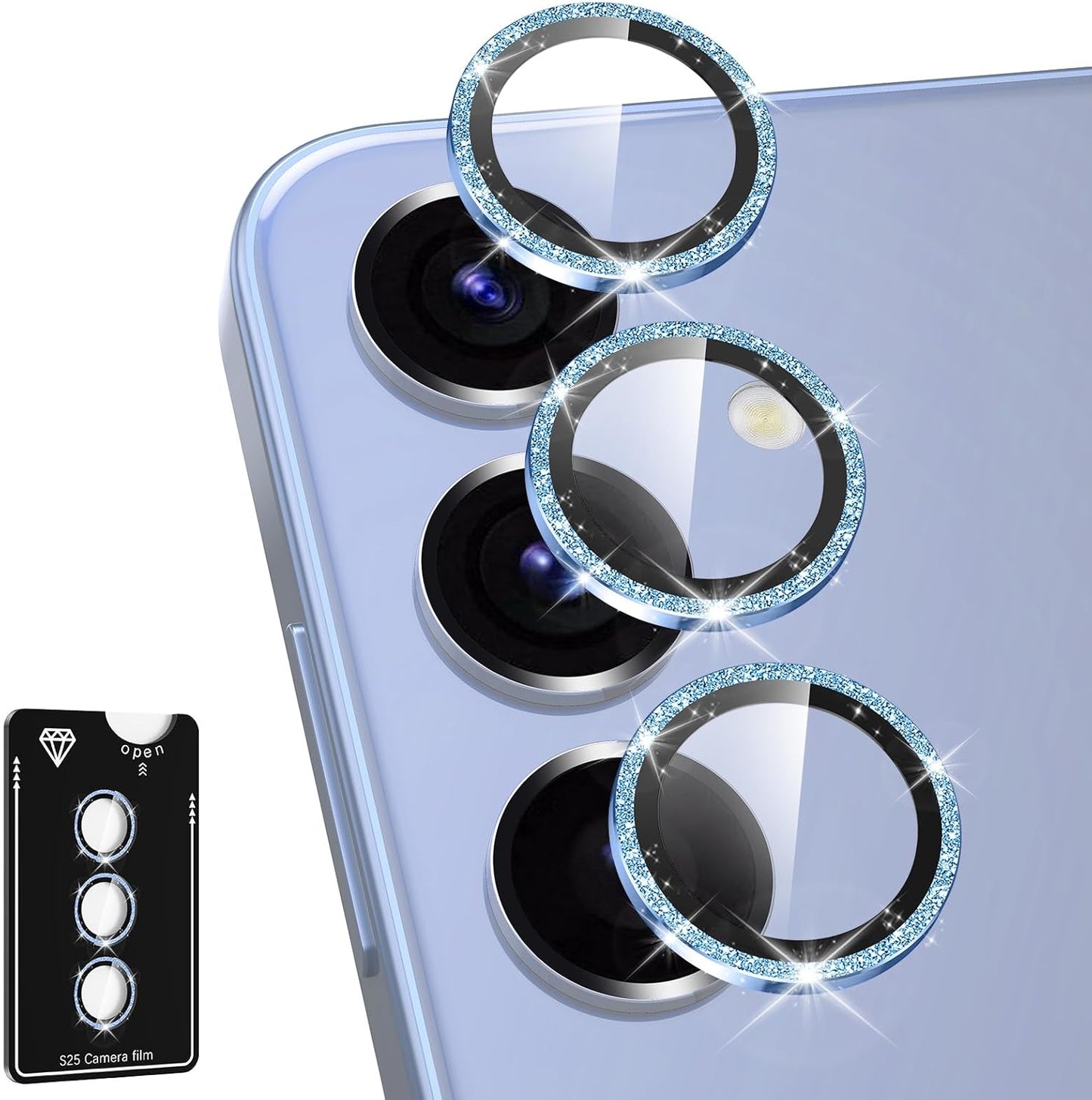 for Samsung Galaxy S25 Camera Lens Protector, Individual Metal Ring Tempered Glass Lens Cover, [Strong Adsorption] Scratch Resistant Ultra-Thin HD Clear Lens Cover, 1 Set-Blue Sparkly