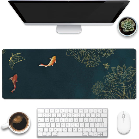Large Gaming Mouse Pad, Koi Fish Ink Painting Desk Mat, Golden Line Lotus Desk Pad, Extended Big Computer Keyboard Mouse Pad with Non-Slip Base and Stitched Edge, 31.5"x11.8"