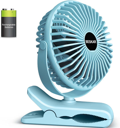 BESKAR Portable Clip on Fan Rechargeable, 4 Speeds Small Battery Operated Fans, USB Desk Fan with Strong Airflow, Sturdy Clamp Fans for Golf Cart Office Outdoor Travel Camping