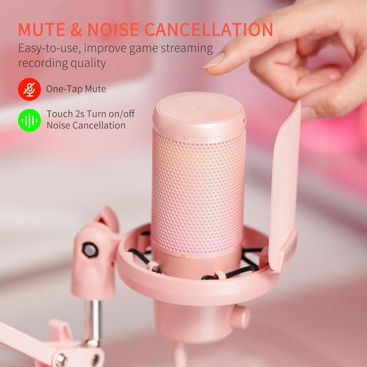 FEELWORLD VM1 Pink Gaming PC USB Microphone Condenser Mic with Noise Cancellation Mute RGB Light, Computer Accessories Gifts for Gamer YouTube Twitch Podcast Streaming Recording Online Chat PS4 PS5