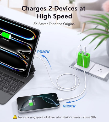 2 Pack USB C Charger, 40W Fast Charge Cube, 4-Port QC+PD Wall Plug,Multi-Port Type C Power Adapter for iPhone 16 15 14 13 12 Pro Max XS XR 8,Galaxy S24,Nexus,HTC,Google Pixel,and More(Green)