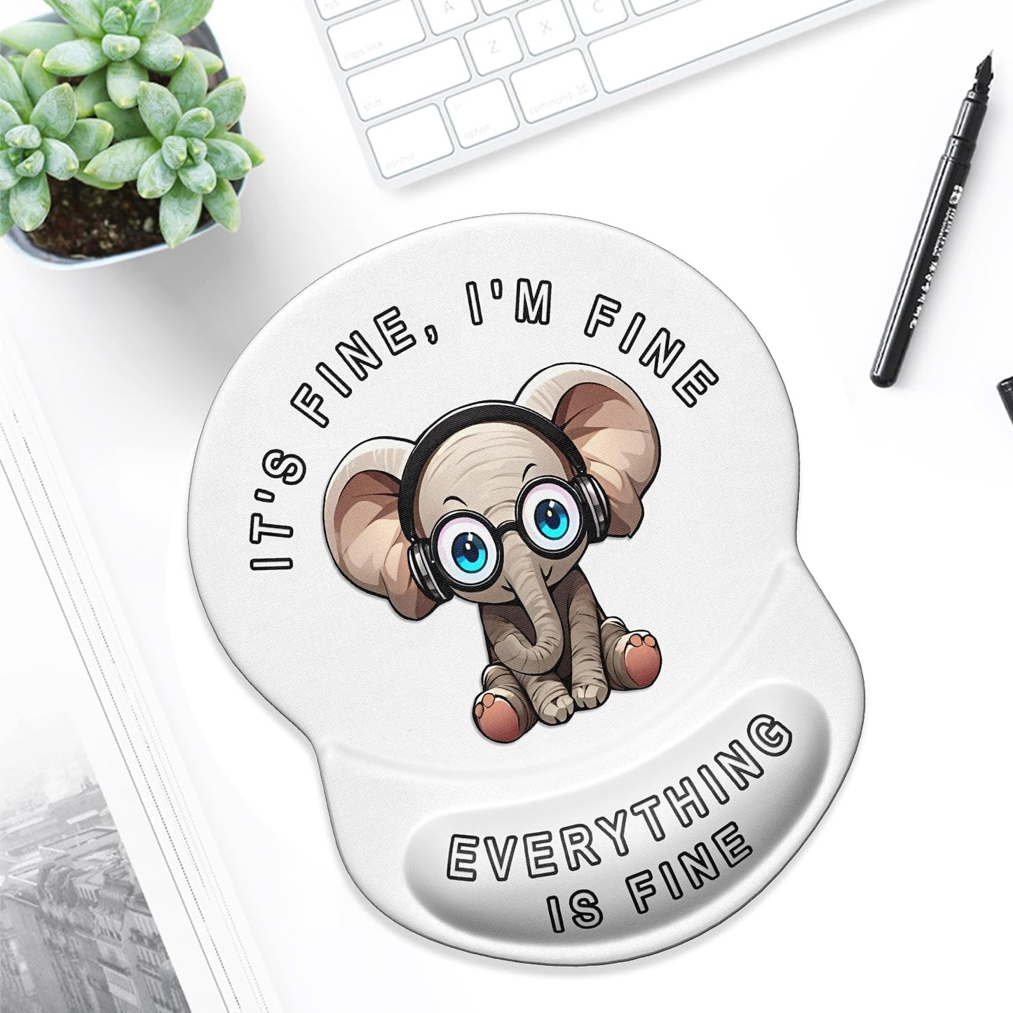 ITNRSIIET Ergonomic Mouse Pad with Gel Wrist Support Small Wrist Rest Smooth Surface Non-Slip PU Base Comfortable Office Supplies Pain Relief, 8.7 x 7.2 inches, Pretty Fine Elephant White