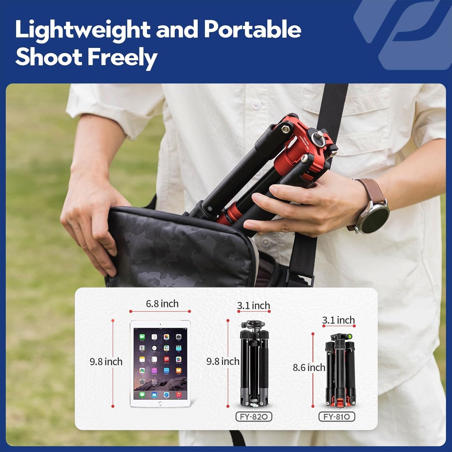 Fotopro Mini Tripod with Ball Head Phone Mount Detachable Selfie Stick Folded only 8.6" Max Load up to 6.6 lbs FY-810 Orange