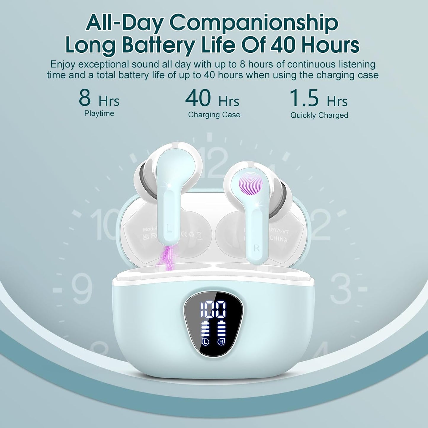 Wireless Earbuds, Bluetooth 5.4 Headphones HiFi Stereo, Bluetooth Earbuds with ENC Noise Cancelling Mic, IP7 Waterproof in Ear Earphones, 48H, LED Display Ear buds for Pad Workout Sports, Azure