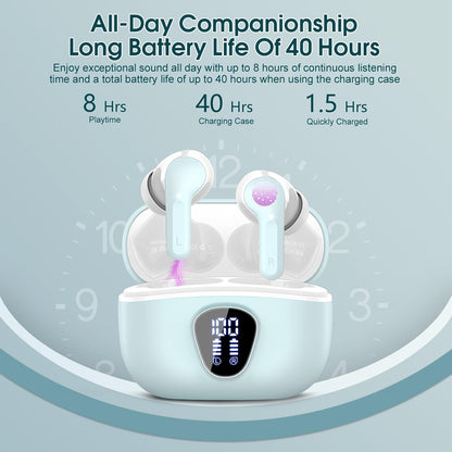 Wireless Earbuds, Bluetooth 5.4 Headphones HiFi Stereo, Bluetooth Earbuds with ENC Noise Cancelling Mic, IP7 Waterproof in Ear Earphones, 48H, LED Display Ear buds for Pad Workout Sports, Azure