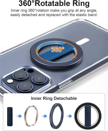 EWA MagOne Solo Phone Grip with Replaceable Elastic Finger Loop, Removable Magnetic Ring Holder Loop, Accessories for iPhone 16,15, 14, 13 Pro/Max/Plus, No Stand-Blue