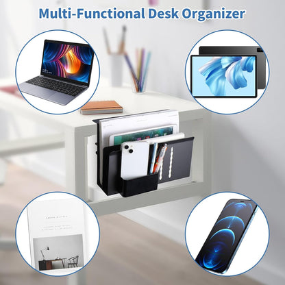 2 Tier Desk side storage, Desk Laptop Holder with Magnetic Pen Holder, No Drill Hanging Table Organizer for Office and Home Fits Flat Edge 0.3" to 2.3"