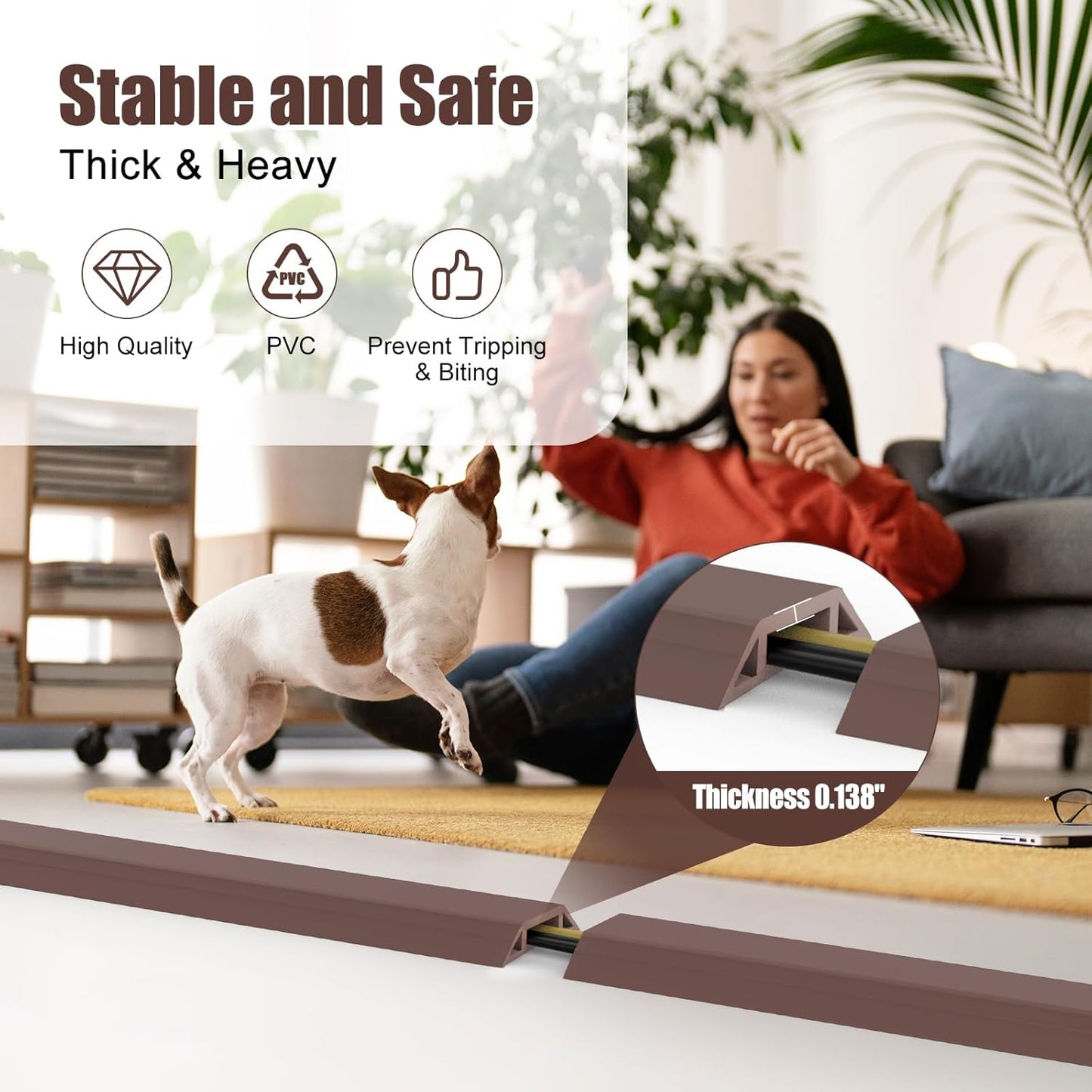 Eapele 10 ft Floor Cord Cover Heavy Duty Cable Protector, Cord Covers for Wires on Floor, Floor Cable Cover Easy to Unroll Prevent Trip Hazard for Home Office or Outdoor Settings (Brown)