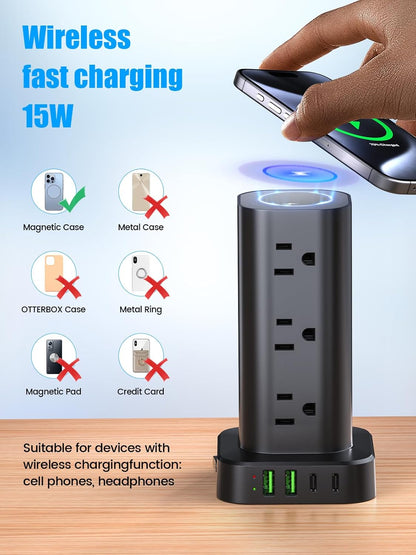 Tower Power Strip with 15W Wireless Charger, 6FT Flat Plug Extension Cord with Multiple Outlets, 12 AC Outlets, 4 USB Ports (2 USB C) Charging Station Surge Protector for Office Home Dorm Room (Black)