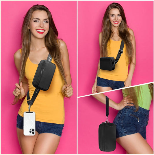 Clip and Go Strap for Phone with Wallet Crossbody, Adjustable Phone Lanyard with Detachable RFID Wristlet Wallet, Black (L)