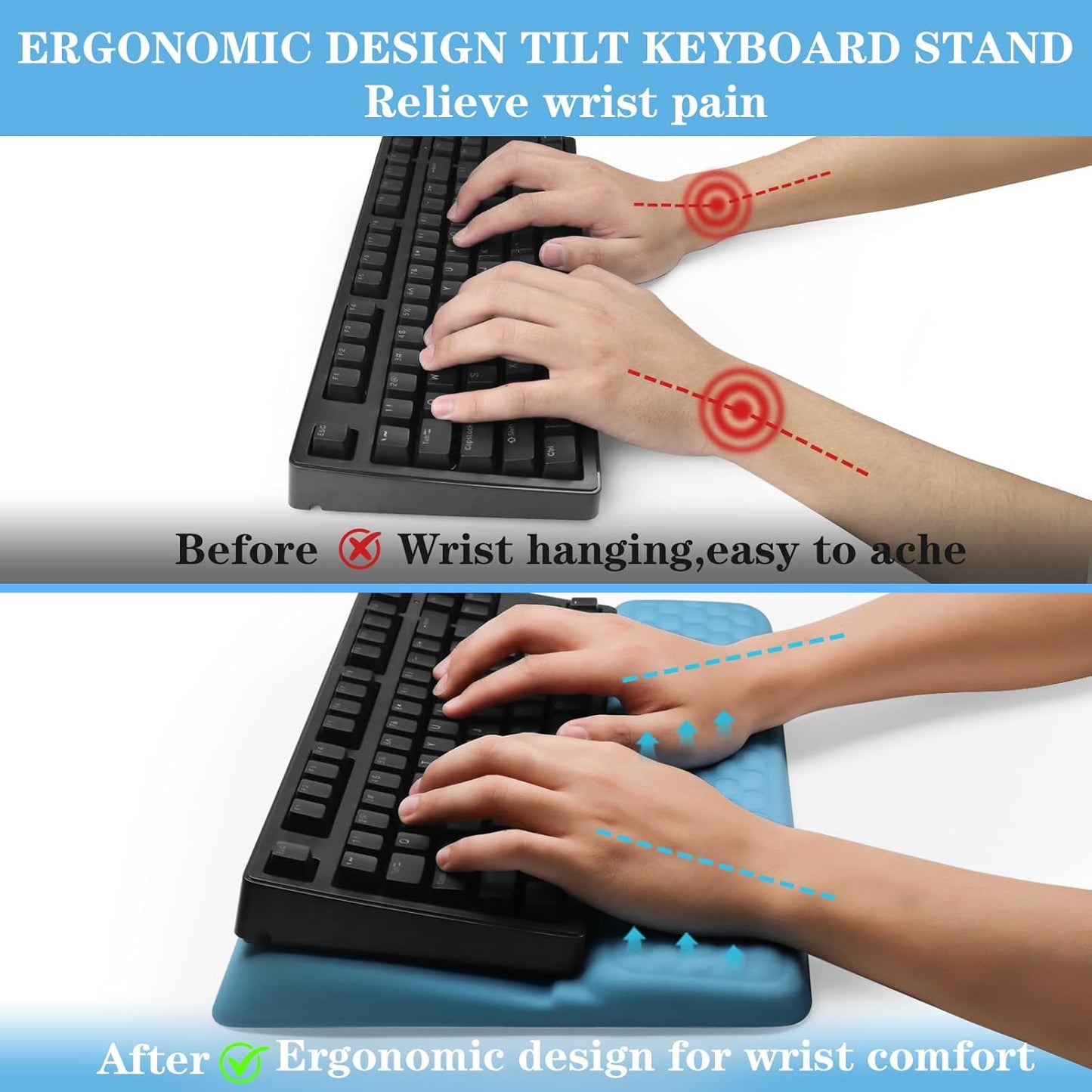 Computer Keyboard Stand Pad with Wrist Rest, Ergonomic Comfy Tilted Keyboard Stand Riser Holder Pad for Office Home (Blue)
