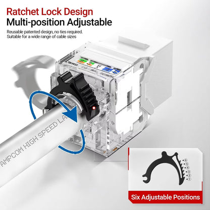 AMPCOM CAT6A UTP RJ45 Keystone Jack 50u Gold Plating Reusable Ethernet Wall Jack with Adjustable Ratchet Lock (No Tool and Zip Tie Required) - White (12-Pack)