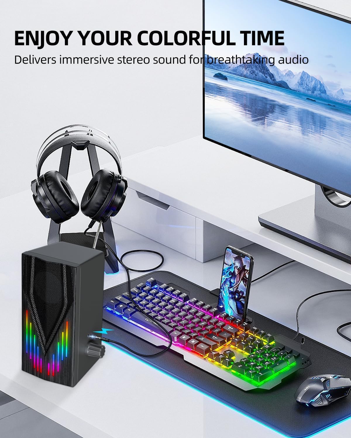Computer Speakers with 6 Colorful RGB Lights,USB Powered 3.5mm Aux with Loud Stereo Sound,Headphone-in for Desktop,PC/Laptop/Tablet Phone
