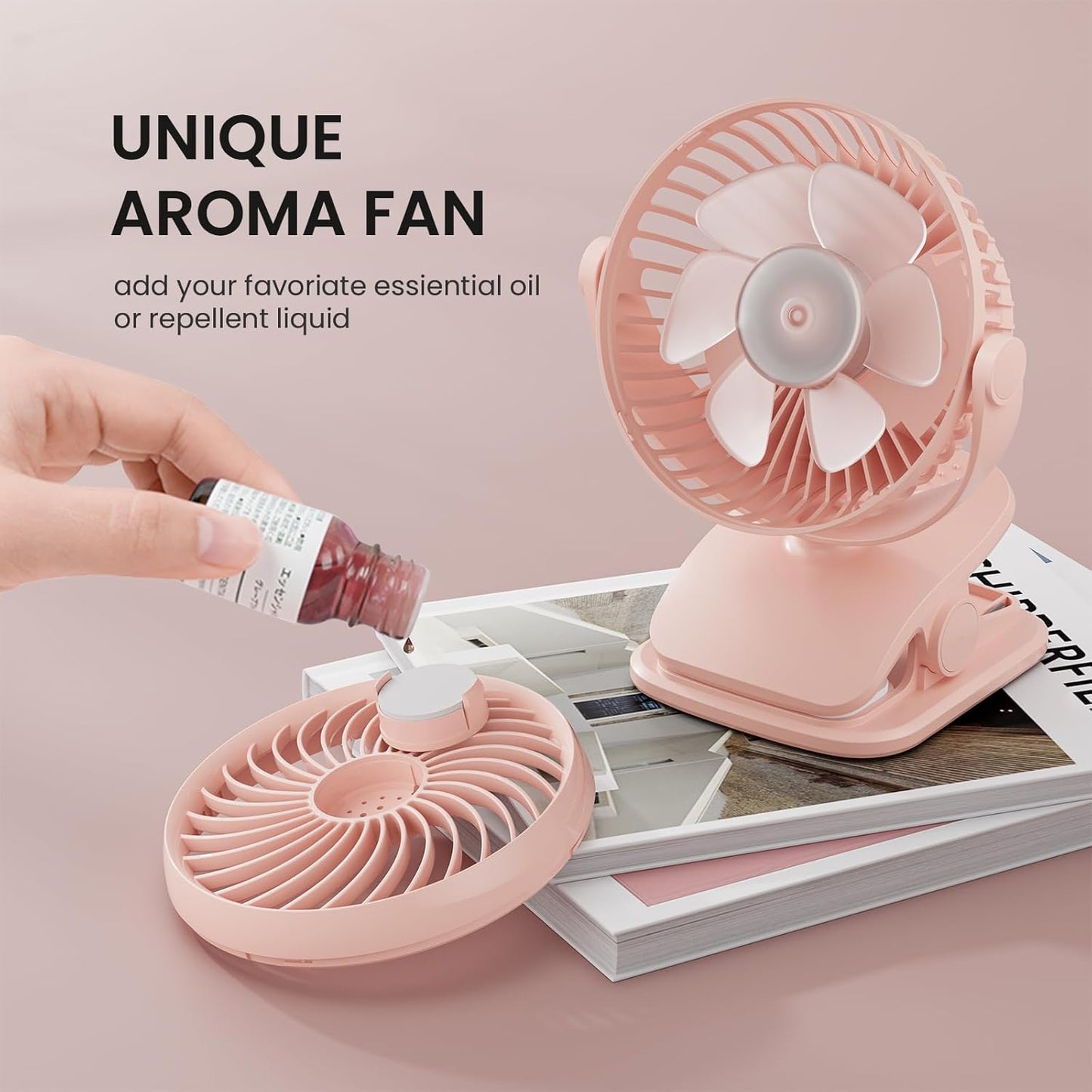 Shinebella AA Battery Powered Clip on Fan with 4-Speed, 5’’ Small Desk Fan with Aroma Function, USB Powered, 360°Rotation, Ultra Quiet, for Golf Cart, Stroller, Bedroom,Car(Batteries Not Included)