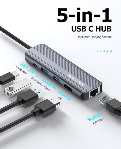 USB C Hub Ethernet HDMI Multiport Adapter for MacBook Pro/Air, iPad, Laptop Dock with 5Gbps USB A/C, 1Gbps RJ45 Gigabit Ethernet, 4K 30Hz HDMI, 100W Pass Through Charging