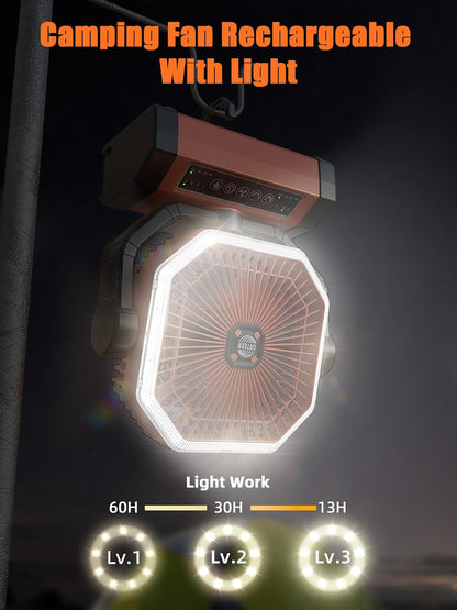 Battery Powered Fan - 9-Inch Rechargeable Fan Portable, 20000mAh(60Hrs) Camping Fans for Tent, Auto Oscillation Cordless, Tent Fans for Camping with Remote/light, 4 Speeds, 4 Timing, Outdoor