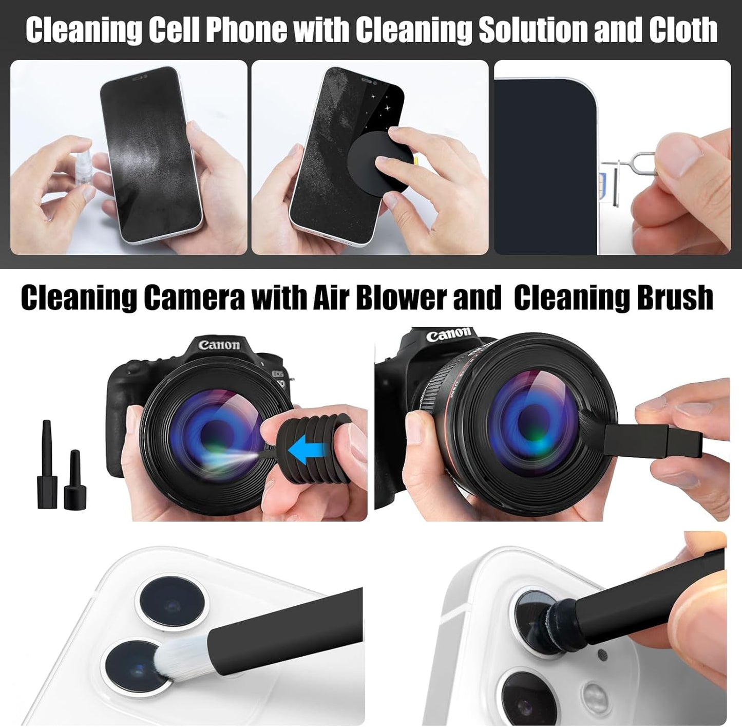 walrfid 2pcs Computer Keyboard Cleaner Kit, Laptop Screen Cleaning Spray for iPhone AirPod Phone MacBook iPad, 20-in-1 Electronic Clean Brush Tool for Earbud iPod TV Earphone Camera, Black Pink