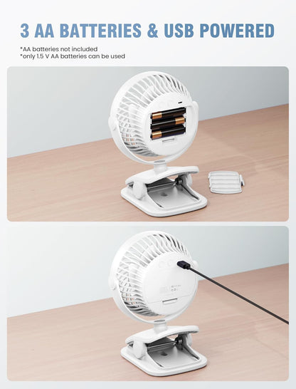 Shinebella AA Battery Powered Clip on Fan with 4-Speed, 5’’ Small Desk Fan with Aroma Function, USB Powered, 360°Rotation, Ultra Quiet, for Golf Cart, Stroller, Bedroom,Car(Batteries Not Included)
