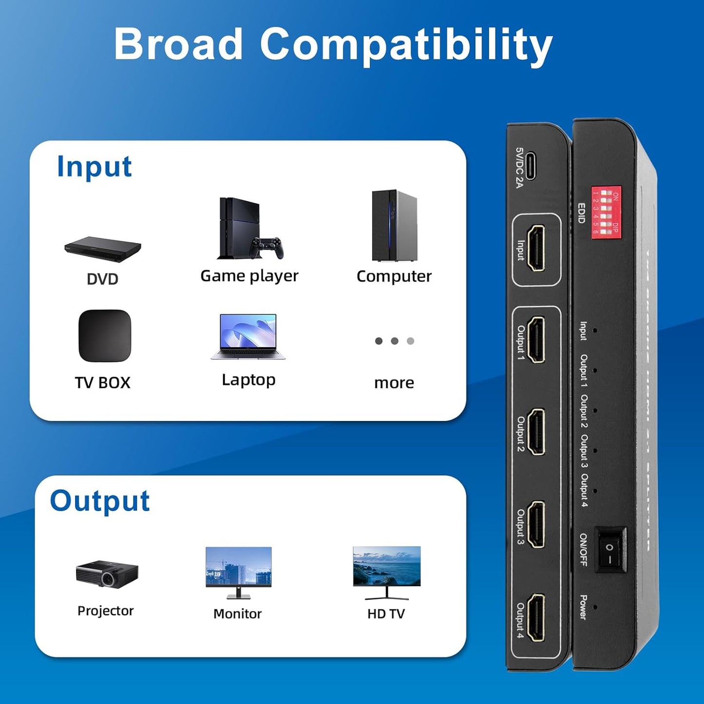 8K HDMI Splitter 1 in 4 Out,with EDID, 3D Stereo, 12-bit Deep Color, 48Gbps, Plug & Play, HDMI Splitter for Windows, Mac, Linux, Projectors, Laptops, Desktops (SP104SKE)