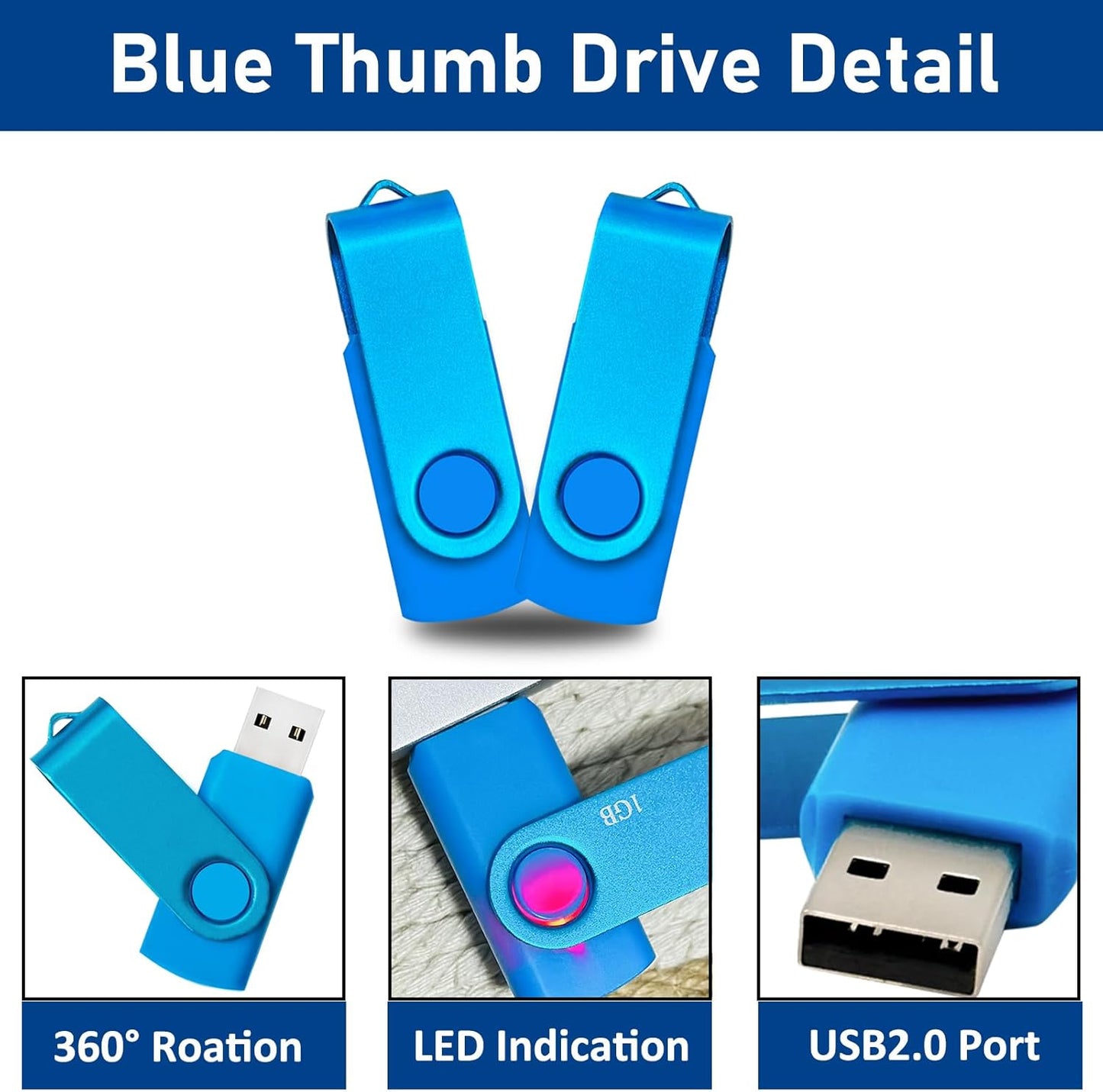 2GB USB 2.0 Flash Drive 10 Pack Nicepicten Pendrive Swivel Thumb Drives Jump Drives Zip Drive USB Memory Stick Thumbdrive Flashdrive Ideal for Home Office Shared Data Storage, Blue 2GB