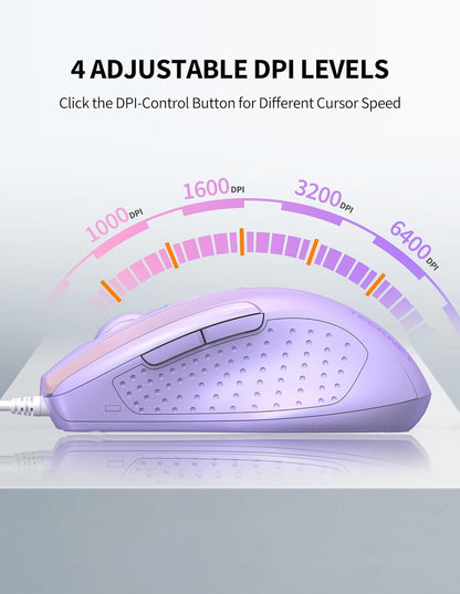 TECKNET Wired Mouse, 6-Button Corded with 4 Adjustable DPI, Optical Ergonomic Design, 5FT Cord for Laptop, Chromebook, PC, Desktop, Mac, Notebook - Gradient Lavender