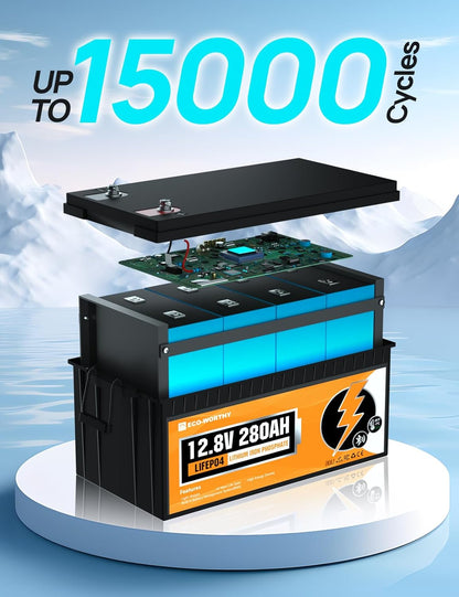 ECO-WORTHY 12V 280Ah 2 Pack LiFePO4 Lithium Battery with Bluetooth, Low Temp Protection, Built-in 200A BMS, 3584Wh Energy. Perfect for Off-Grid, RV, Solar System, Camper, Travel Trailer, Backup System