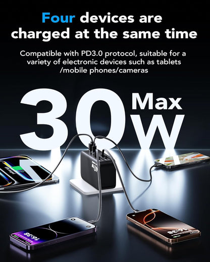 4-in-1 Retractable Gan Wall Charger Plug,Travel Essentials Brick Multiport USB Ports,3ft Lightening and Type c Cables,40W Multi Fast Charging Foldable Block for iPhone 16/15/14/13,iPad,Galaxy,Pixel