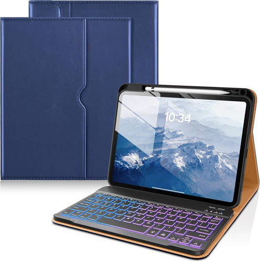 DTTO for iPad 11th (A16,2025)/ 10th Generation (10.9",2022) Case with Keyboard, 7 Colors Backlit Wireless Detachable Keyboard Premium Leather Folio Cover with Pencil Holder & Pocket, Navy Blue