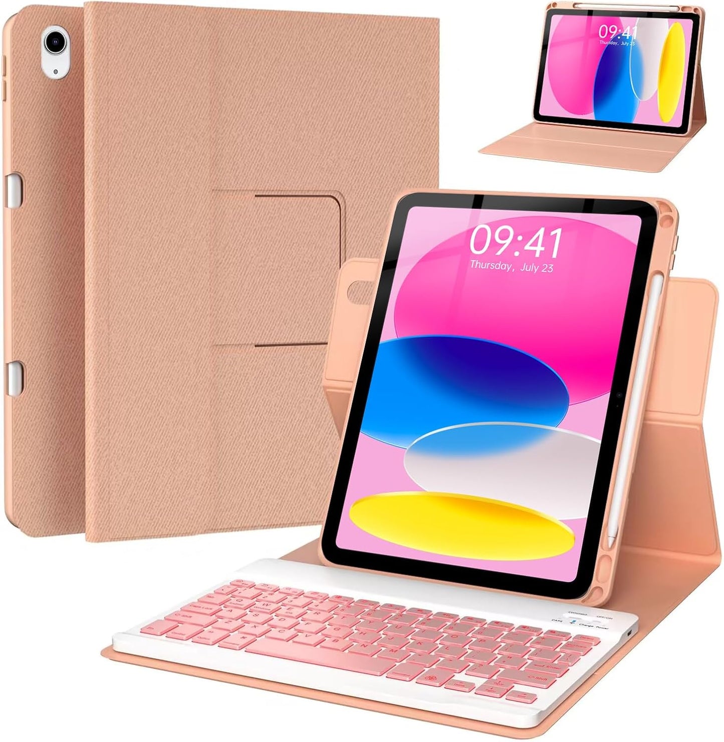 BLUTLOTUS Keyboard Case for iPad 10th Generation 2022 10.9 inch,360° Rotatable Keyboard Case with Pencil Holder, 7 Color Backlit Detachable Bluetooth Keyboard,Smart Folio Tablet Cover (Rose Gold)
