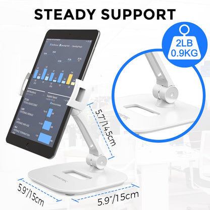 AboveTEK Tablet Stand Holder, Stylish Aluminum iPad Stands, Foldable 360° Swivel iPad iPhone Table Stand Holder fits 4-11" Tablets/Smartphones for Kitchen Bedside Office POS Showroom Reception (White)