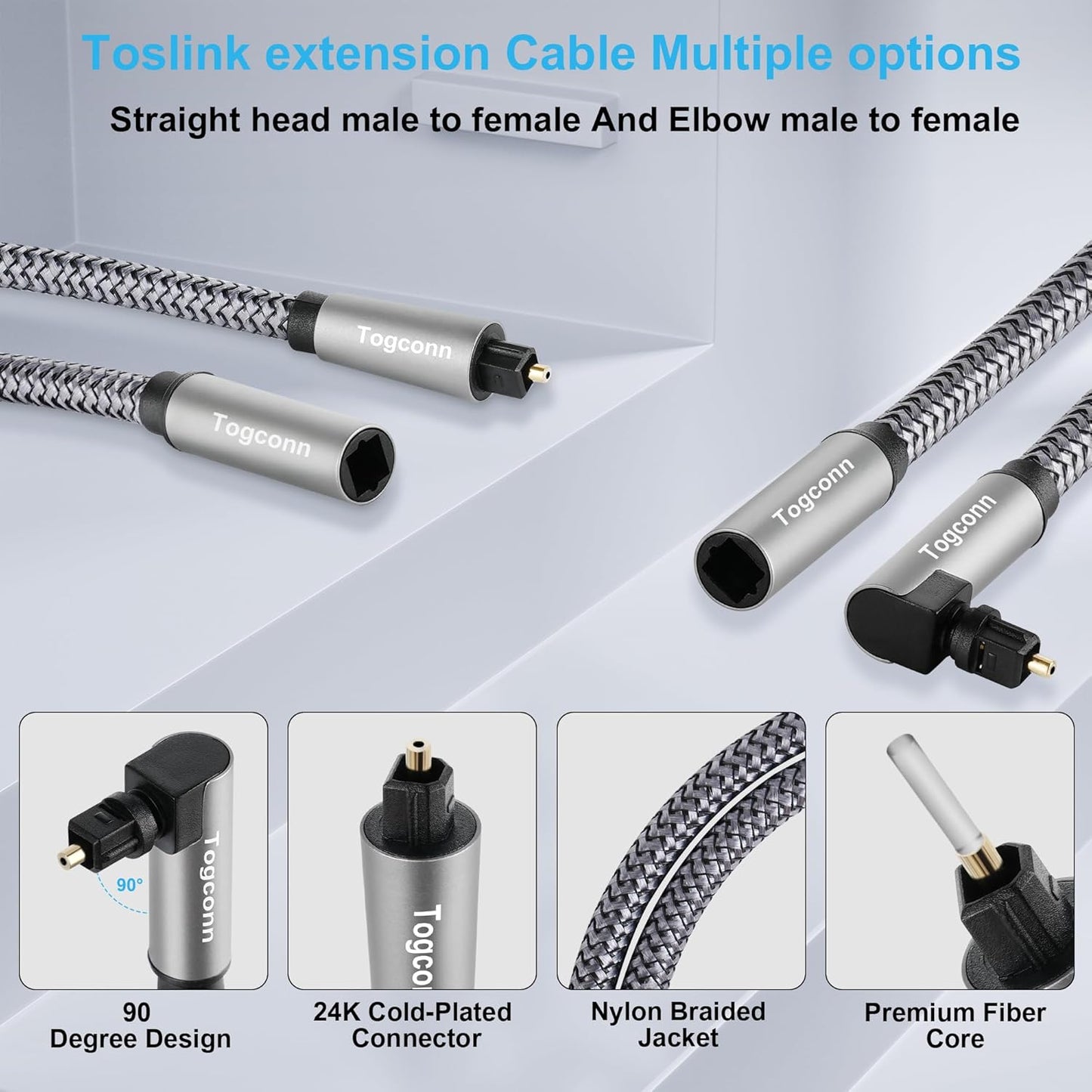 Optical Extension Fiber Digital Cable Adapter 4 Feet（2 Pack）, 90 Degree Right Angle & Straight Male to Female Coupler, Toslink Audio Cable, Nylon Braided for Home Theater, Soundbar, TV and More