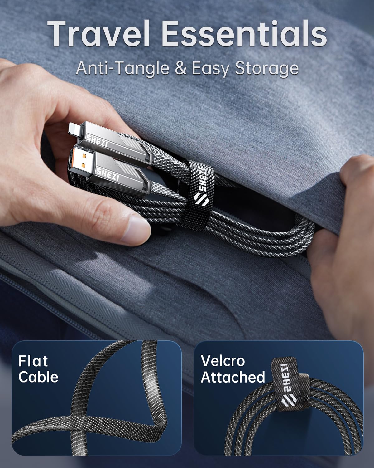 SHEZI [Upgraded 2.0] 4-in-1 USB C Cable 60W 3FT Fast Charging [480Mbps Data Transfer] Flat Nylon Braided Charger Cord Combo, USB A/C to C/L Multi Charge Cable for iPhone/iPad & Most Devices, Grey