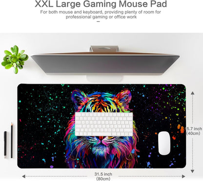 Lokigo Cool Tiger Desk Pad, Large Gaming Mouse Pad 31.5"x15.7", Waterproof Big Mouse Pad for Desk Rubber Base Desk Matt with Stitched Edges Keyboard Mousepad for Laptop, Game, Work, Study