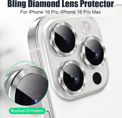 AGVEE 3+3 6 Pack for iPhone 16 Pro 6.3" / 16 Pro Max 6.9" Camera Lens Cover Protector, Bling Glitter & CD-Textured Metal Ring 9H Tempered HD Glass Camera Cover Protector Film, Glitter-Silver