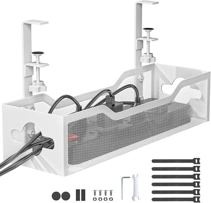 Under Desk Cable Management Tray White, Litwaro Cable Management Under Desk No Drill, Cable Organizer with Clamp for Wire Management, Cord Organizer for Office, Home No Damage to Desk