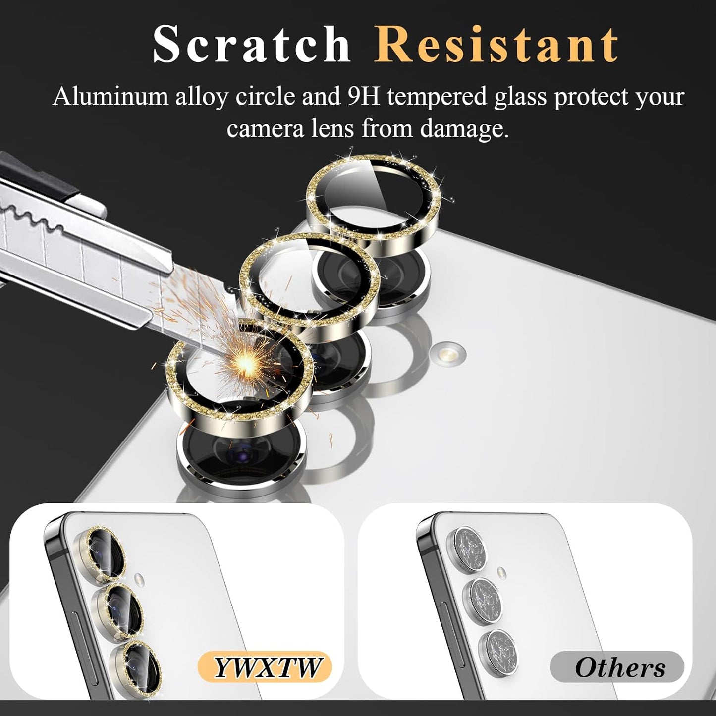 YWXTW Camera Lens Protector for Samsung Galaxy S24 / S23 / S23 Plus, [NOT for S24 Plus] 9H Tempered Glass Metal Individual Ring Camera Screen Protector for S24 Accessories (Gold Glitter)
