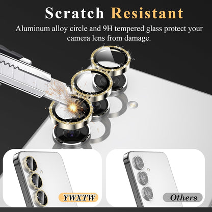 YWXTW Camera Lens Protector for Samsung Galaxy S24 / S23 / S23 Plus, [NOT for S24 Plus] 9H Tempered Glass Metal Individual Ring Camera Screen Protector for S24 Accessories (Gold Glitter)