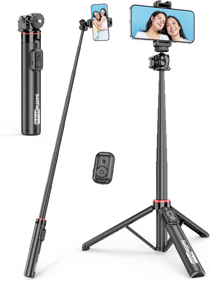Aluminum Selfie Stick Phone Tripod, 360° Ball Head Selfie Stick for iPhone with Cold Shoe, Extendable Smartphone Tripod Stand with Remote Portable Travel Tripods Compatible with iPhone 16/15/Android