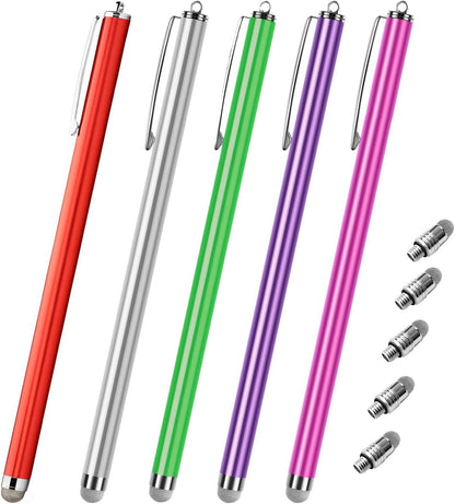 Extra Long Stylus pens for Touch Screens [5 Pack Fiber mesh Tips] Compatible for iPad iPhone Android Tablet Laptop Surface Chromebook High Sensitivity & Fine Point Capacitive Pen