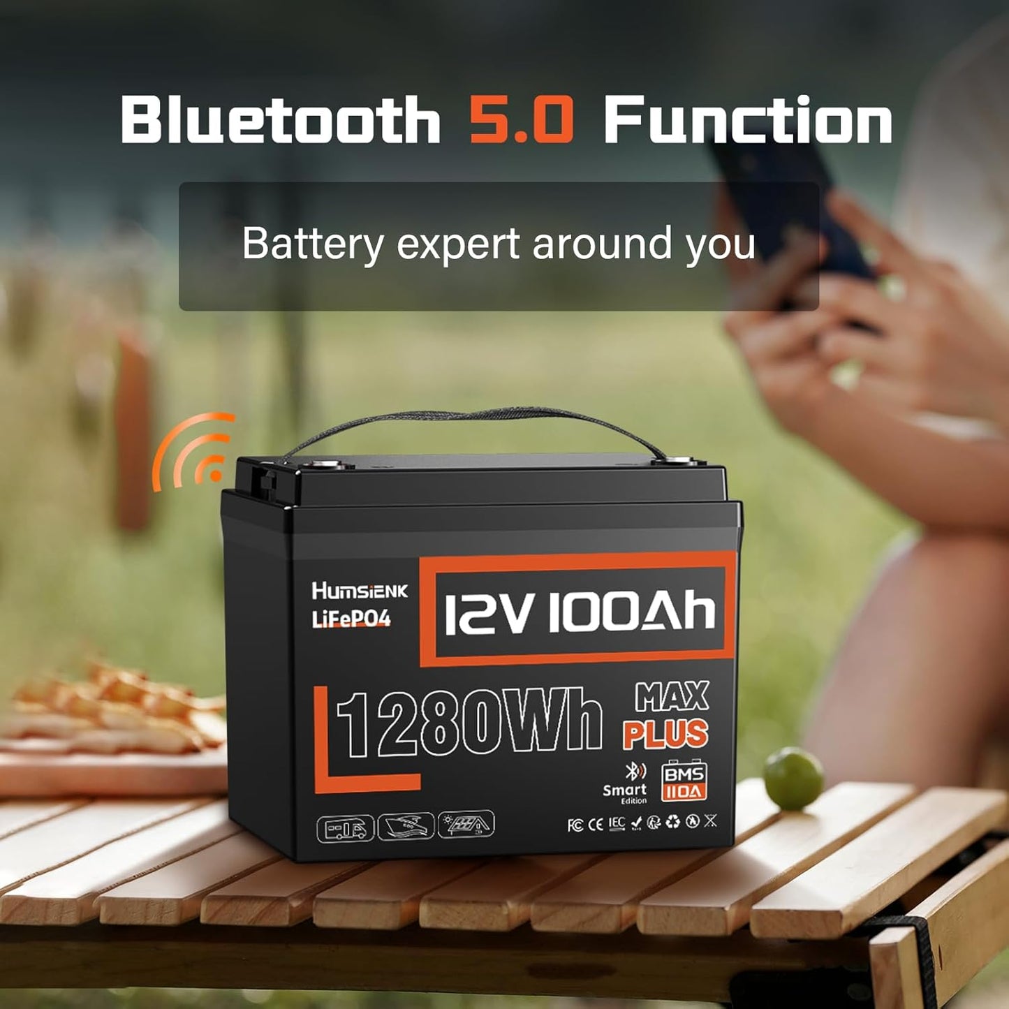 12V 100Ah LiFePO4 Lithium Battery MAX PLUS, Built-in 110A BMS & Bluetooth 5.0 APP, 15000+ Deep Cycles Lithium Batteries, Max. 1280Wh, 10-Year Lifespan for RV, Marine, Trolling Motors