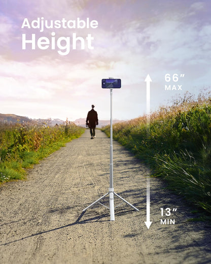 KraftGeek Tripod for iPhone, 66” JustTap Phone Tripod, Selfie Stick Cell Phone Stand for Recording Travel, Content Creator Essentials, White