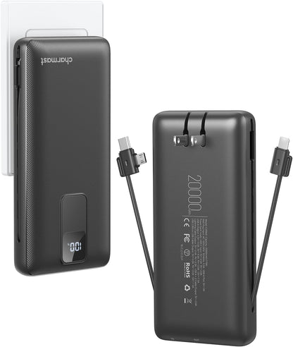 Charmast Portable Charger with Built-in Cables and Wall Plug, 20000mAh 20W USB C Power Bank Fast Charging Battery Pack Travel Essentials Compatible with iPhone 16/15/14/13 Series, Samsung Google iPad