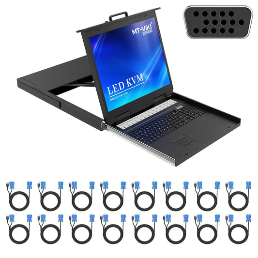 MT-VIKI 19'' LCD KVM Console, 16 Port VGA KVM Switch w/Keyboard+Monitor+Mouse+Drawer+Touchpad, Support OSD/Hotkey/Panel Button Switching (Included 16 KVM Cables)