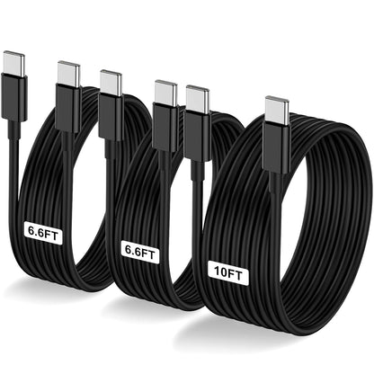 3-Pack Black [6.6FT+6.6FT+10FT] 60W USB C to USB C Cable, Type C Fast Charging Cable for iPhone 16 15 Pro Plus Pro Max，for Galaxy S24 S23, for iPad Pro/Air, for MacBook Pro/Air and More