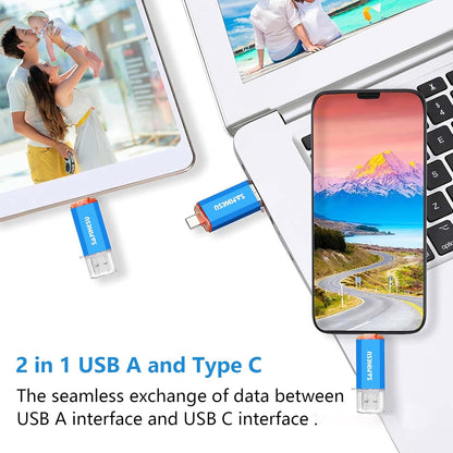 3.0 USB C Flash Drive, USB-A & Type-C OTG Thumb Stick, Dual Memory Sticks Compatible with PC/Laptop/Type C Cell Phone and Tablet (Blue/Blue, 512GB)